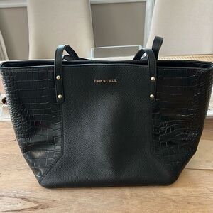 F&W Style black leather tote bag with pink lining